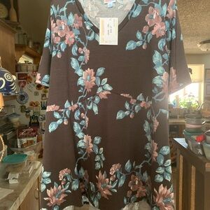 LuLaRoe Jana Brown Floral V-Neck Tunic with Pink and Teal Flowers 2XL